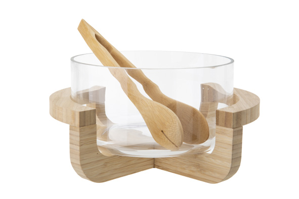 Salatschüssel Glas/Holz + Bestek